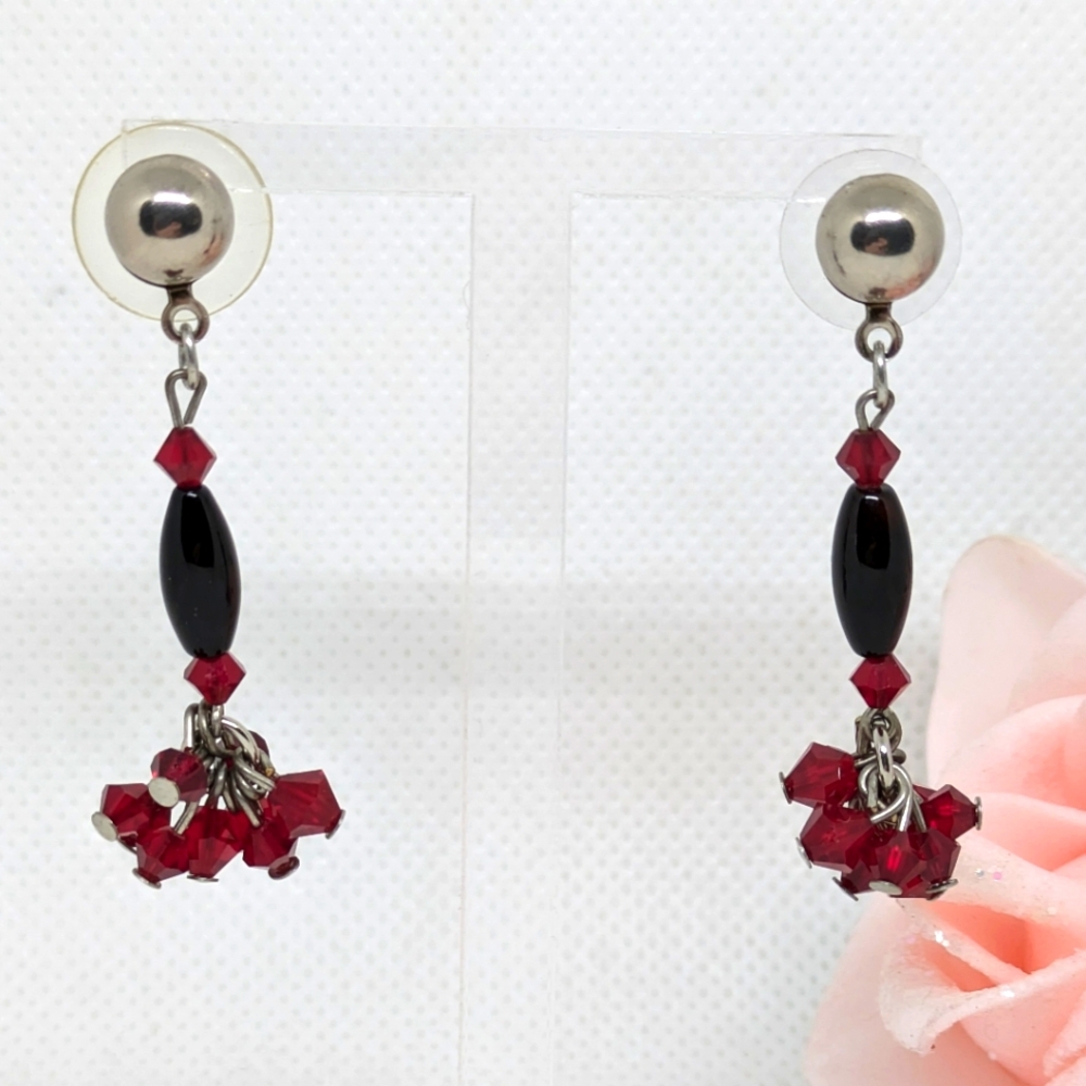 Vintage Bohemian Red & Black Long Beaded Dangle Earrings Whimsygoth Boho Dressy